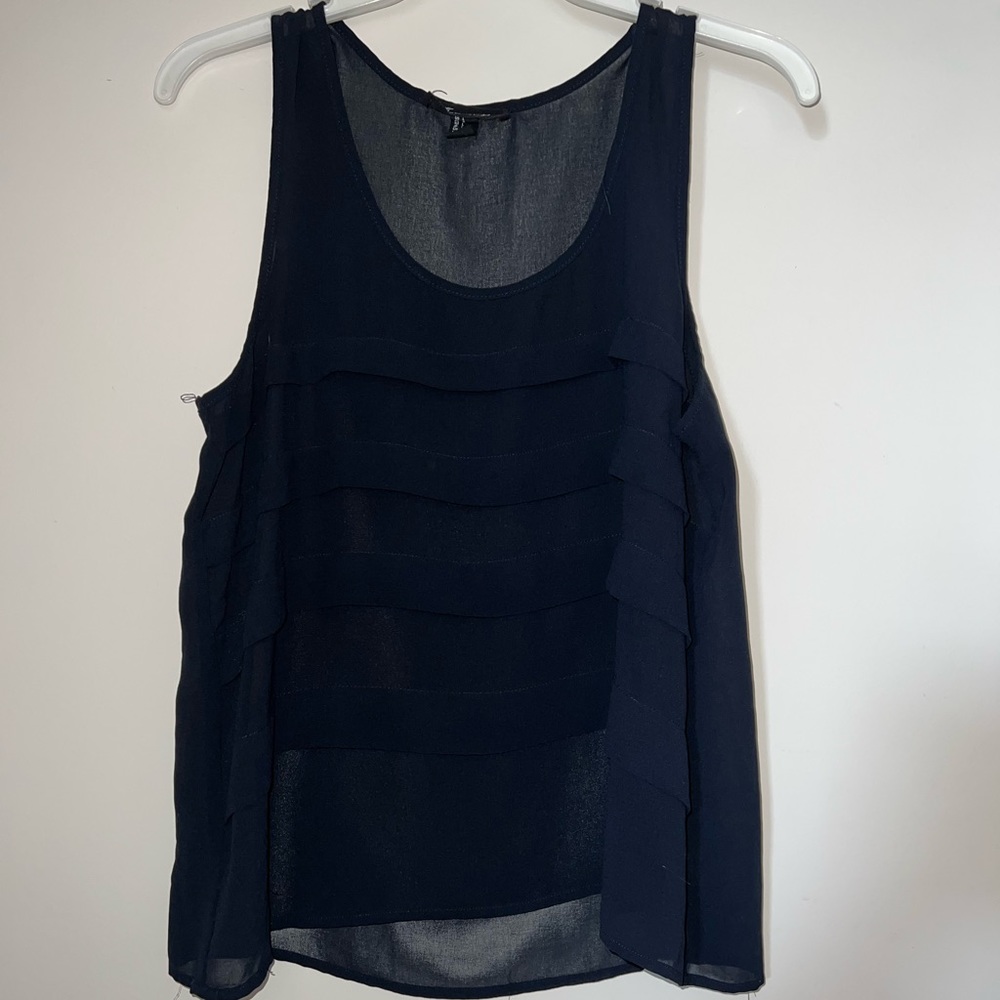 Sheer Navy Blue Pleated Blouse Tank Top Size Large